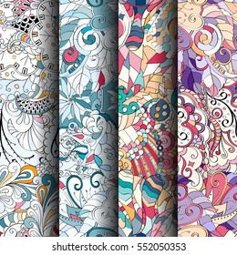 Set of tracery colorful seamless patterns. Curved doodling backgrounds for textile or printing with mehndi and ethnic motives. Vector.