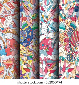 Set of tracery colorful seamless patterns. Curved doodling backgrounds for textile or printing with mehndi and ethnic motives. Vector.