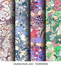 Set of tracery colorful seamless patterns. Curved doodling backgrounds for textile or printing with mehndi and ethnic motives. Vector.