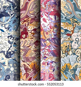 Set of tracery colorful seamless patterns. Curved doodling backgrounds for textile or printing with mehndi and ethnic motives. Vector.