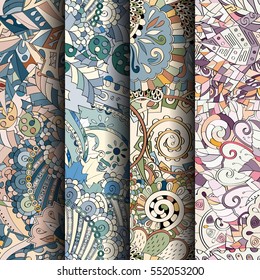 Set of tracery colorful seamless patterns. Curved doodling backgrounds for textile or printing with mehndi and ethnic motives. Vector.