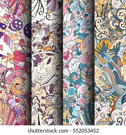Set of tracery colorful seamless patterns. Curved doodling backgrounds for textile or printing with mehndi and ethnic motives. Vector.