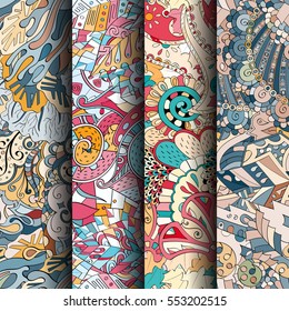 Set of tracery colorful seamless patterns. Curved doodling backgrounds for textile or printing with mehndi and ethnic motives. Vector.