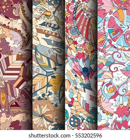 Set of tracery colorful seamless patterns. Curved doodling backgrounds for textile or printing with mehndi and ethnic motives. Vector.