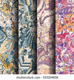 Set of tracery colorful seamless patterns. Curved doodling backgrounds for textile or printing with mehndi and ethnic motives. Vector.