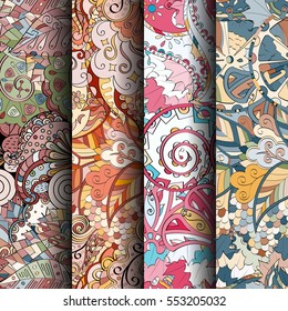Set of tracery colorful seamless patterns. Curved doodling backgrounds for textile or printing with mehndi and ethnic motives. Vector.