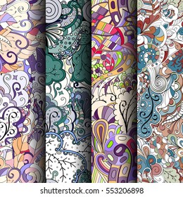 Set of tracery colorful seamless patterns. Curved doodling backgrounds for textile or printing with mehndi and ethnic motives. Vector.