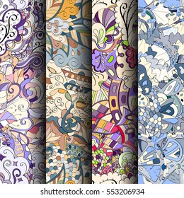 Set of tracery colorful seamless patterns. Curved doodling backgrounds for textile or printing with mehndi and ethnic motives. Vector.