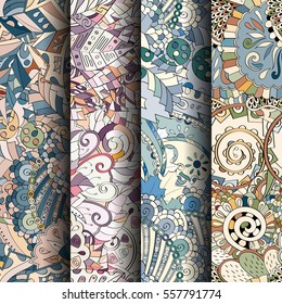 Set of tracery colorful seamless patterns. Curved doodling backgrounds for textile or printing with mehndi and ethnic motives. Vector.