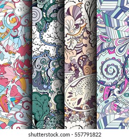 Set of tracery colorful seamless patterns. Curved doodling backgrounds for textile or printing with mehndi and ethnic motives. Vector.
