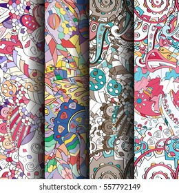 Set of tracery colorful seamless patterns. Curved doodling backgrounds for textile or printing with mehndi and ethnic motives. Vector.