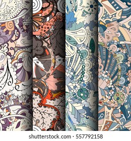 Set of tracery colorful seamless patterns. Curved doodling backgrounds for textile or printing with mehndi and ethnic motives. Vector.