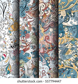 Set of tracery colorful seamless patterns. Curved doodling backgrounds for textile or printing with mehndi and ethnic motives. Vector.