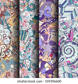 Set of tracery colorful seamless patterns. Curved doodling backgrounds for textile or printing with mehndi and ethnic motives. Vector.