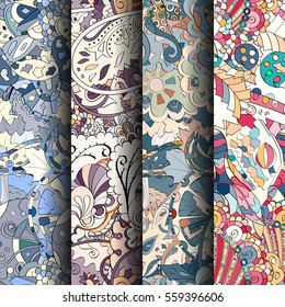 Set of tracery colorful seamless patterns. Curved doodling backgrounds for textile or printing with mehndi and ethnic motives. Vector.