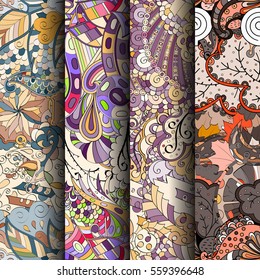 Set of tracery colorful seamless patterns. Curved doodling backgrounds for textile or printing with mehndi and ethnic motives. Vector.