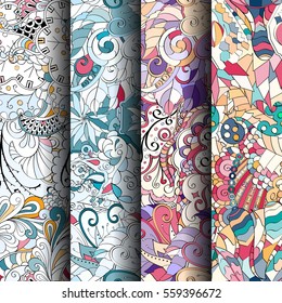 Set of tracery colorful seamless patterns. Curved doodling backgrounds for textile or printing with mehndi and ethnic motives. Vector.