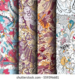Set of tracery colorful seamless patterns. Curved doodling backgrounds for textile or printing with mehndi and ethnic motives. Vector.