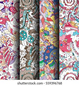 Set of tracery colorful seamless patterns. Curved doodling backgrounds for textile or printing with mehndi and ethnic motives. Vector.