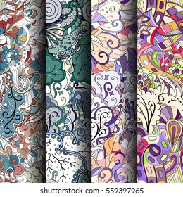 Set of tracery colorful seamless patterns. Curved doodling backgrounds for textile or printing with mehndi and ethnic motives. Vector.