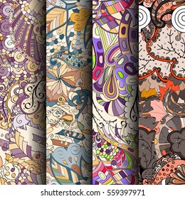 Set of tracery colorful seamless patterns. Curved doodling backgrounds for textile or printing with mehndi and ethnic motives. Vector.