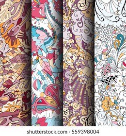 Set of tracery colorful seamless patterns. Curved doodling backgrounds for textile or printing with mehndi and ethnic motives. Vector.