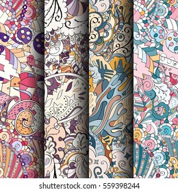 Set of tracery colorful seamless patterns. Curved doodling backgrounds for textile or printing with mehndi and ethnic motives. Vector.