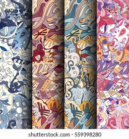 Set of tracery colorful seamless patterns. Curved doodling backgrounds for textile or printing with mehndi and ethnic motives. Vector.
