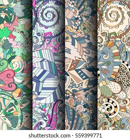 Set of tracery colorful seamless patterns. Curved doodling backgrounds for textile or printing with mehndi and ethnic motives. Vector.