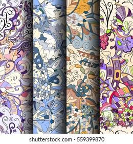 Set of tracery colorful seamless patterns. Curved doodling backgrounds for textile or printing with mehndi and ethnic motives. Vector.