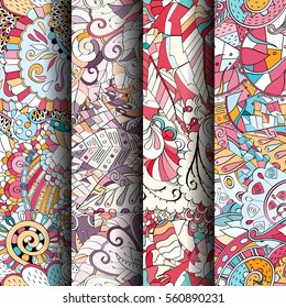 Set of tracery colorful seamless patterns. Curved doodling backgrounds for textile or printing with mehndi and ethnic motives. Vector.