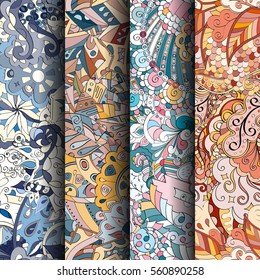 Set of tracery colorful seamless patterns. Curved doodling backgrounds for textile or printing with mehndi and ethnic motives. Vector.