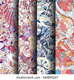 Set of tracery colorful seamless patterns. Curved doodling backgrounds for textile or printing with mehndi and ethnic motives. Vector.