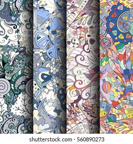 Set of tracery colorful seamless patterns. Curved doodling backgrounds for textile or printing with mehndi and ethnic motives. Vector.