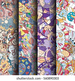 Set of tracery colorful seamless patterns. Curved doodling backgrounds for textile or printing with mehndi and ethnic motives. Vector.