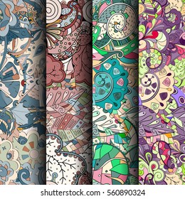 Set of tracery colorful seamless patterns. Curved doodling backgrounds for textile or printing with mehndi and ethnic motives. Vector.