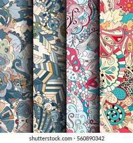 Set of tracery colorful seamless patterns. Curved doodling backgrounds for textile or printing with mehndi and ethnic motives. Vector.