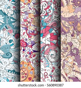 Set of tracery colorful seamless patterns. Curved doodling backgrounds for textile or printing with mehndi and ethnic motives. Vector.