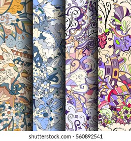 Set of tracery colorful seamless patterns. Curved doodling backgrounds for textile or printing with mehndi and ethnic motives. Vector.