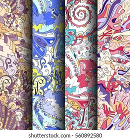 Set of tracery colorful seamless patterns. Curved doodling backgrounds for textile or printing with mehndi and ethnic motives. Vector.