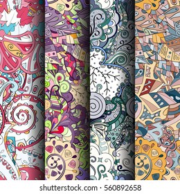 Set of tracery colorful seamless patterns. Curved doodling backgrounds for textile or printing with mehndi and ethnic motives. Vector.