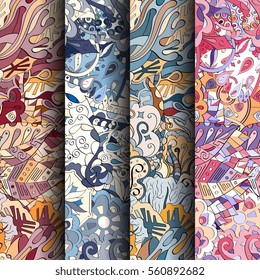 Set of tracery colorful seamless patterns. Curved doodling backgrounds for textile or printing with mehndi and ethnic motives. Vector.