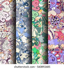 Set of tracery colorful seamless patterns. Curved doodling backgrounds for textile or printing with mehndi and ethnic motives. Vector.