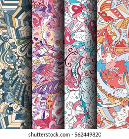 Set of tracery colorful seamless patterns. Curved doodling backgrounds for textile or printing with mehndi and ethnic motives. Vector.