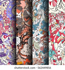 Set of tracery colorful seamless patterns. Curved doodling backgrounds for textile or printing with mehndi and ethnic motives. Vector.