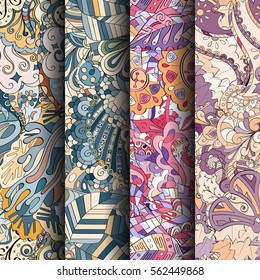 Set of tracery colorful seamless patterns. Curved doodling backgrounds for textile or printing with mehndi and ethnic motives. Vector.