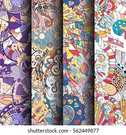 Set of tracery colorful seamless patterns. Curved doodling backgrounds for textile or printing with mehndi and ethnic motives. Vector.