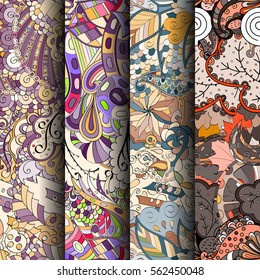 Set of tracery colorful seamless patterns. Curved doodling backgrounds for textile or printing with mehndi and ethnic motives. Vector.