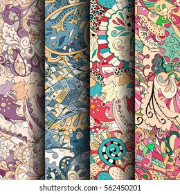 Set of tracery colorful seamless patterns. Curved doodling backgrounds for textile or printing with mehndi and ethnic motives. Vector.
