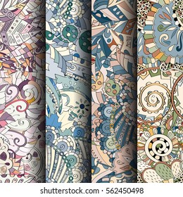 Set of tracery colorful seamless patterns. Curved doodling backgrounds for textile or printing with mehndi and ethnic motives. Vector.